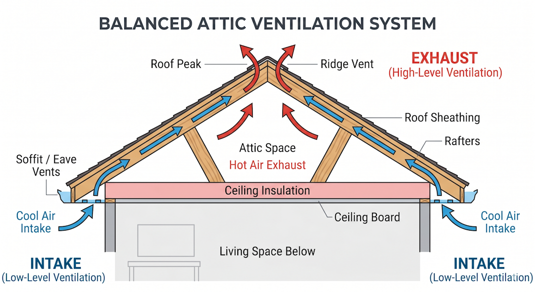Clean cross-section infographic of a house attic showing balanced airflow-honestroof-attic-ventilation