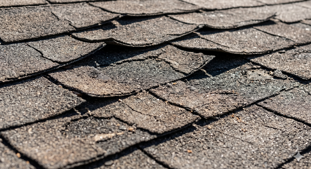 Close-up of weathered asphalt roof shingles in bright sun showing curling edges, surface cracks, and bald patches