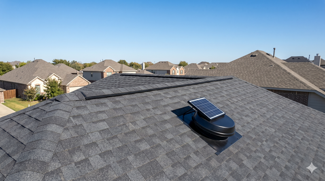 Rooftop view of an asphalt shingle roof with a ridge vent running the peak and a solar-powered attic fan installed on the slope, clear sky